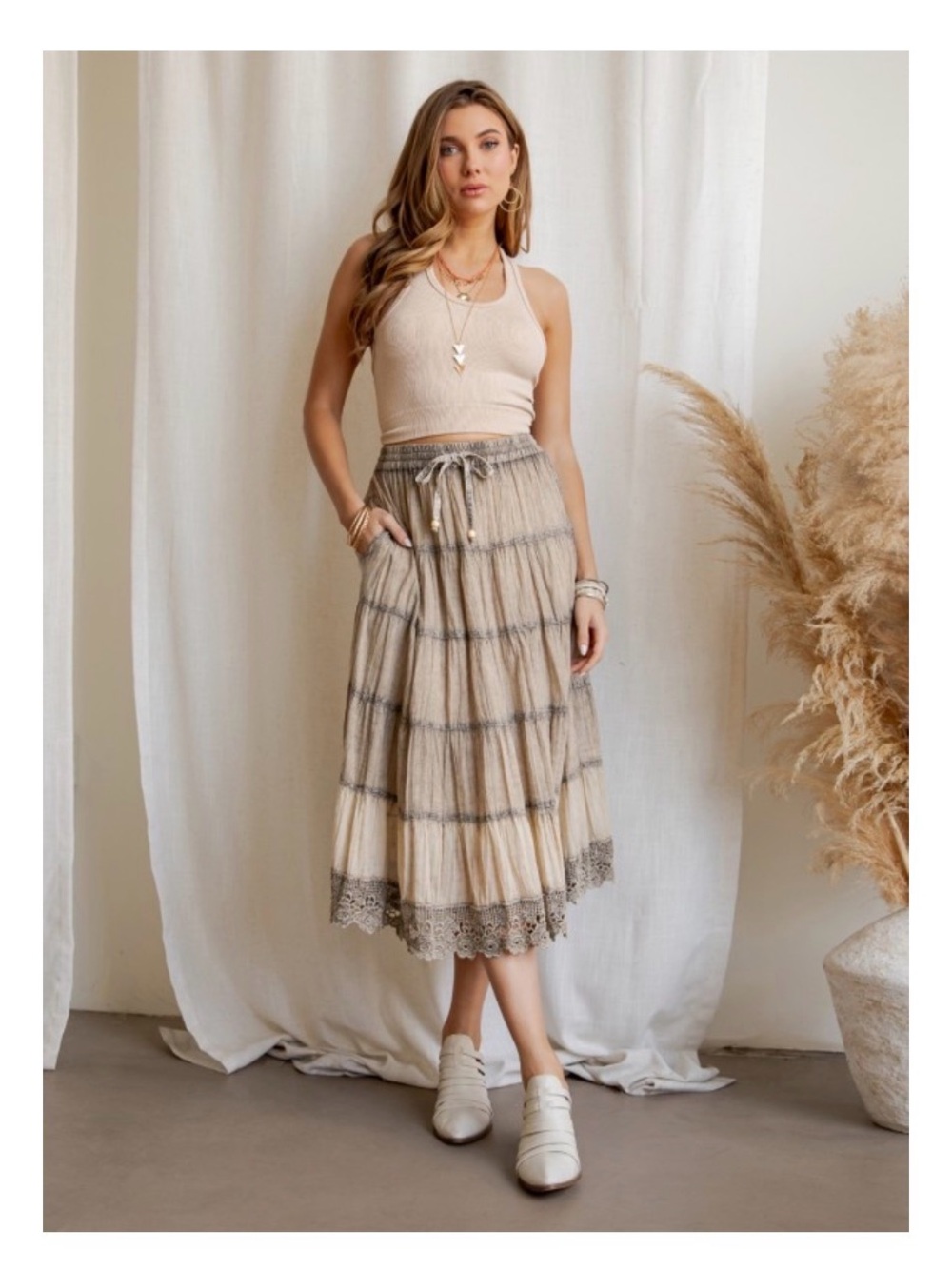 Young Threads Tiered Lace Midi Skirt 2X Oatmeal Crochet Hem Pockets NWOT